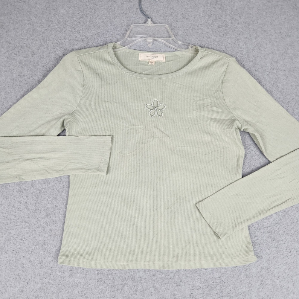 No Comment Top Womens Medium Green Ribbed Knit Slim Fit‎ Stretchy Long Sleeve